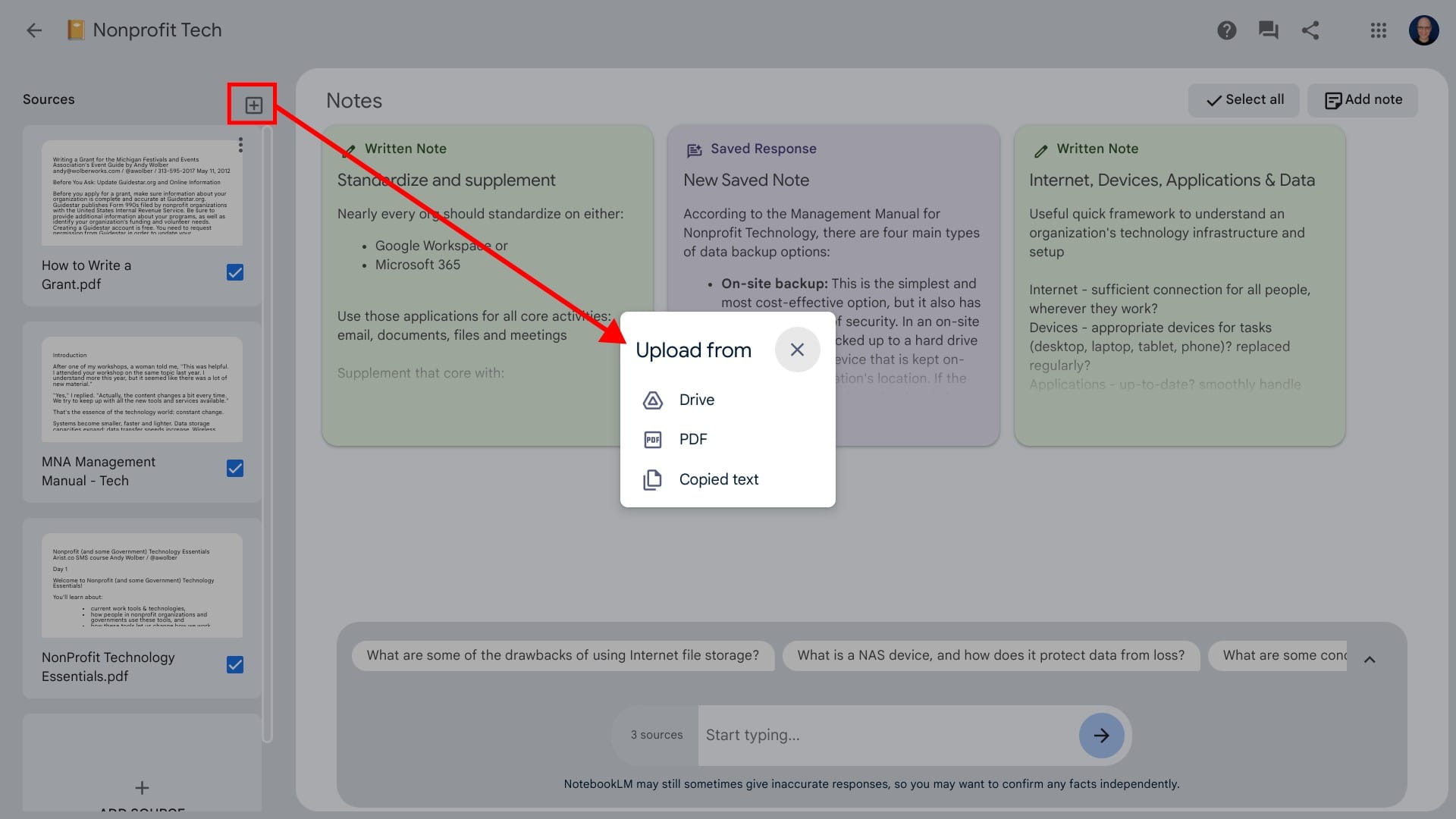 Screenshot showing the + button, and the Upload menu with Drive, PDF and Copied text as options.