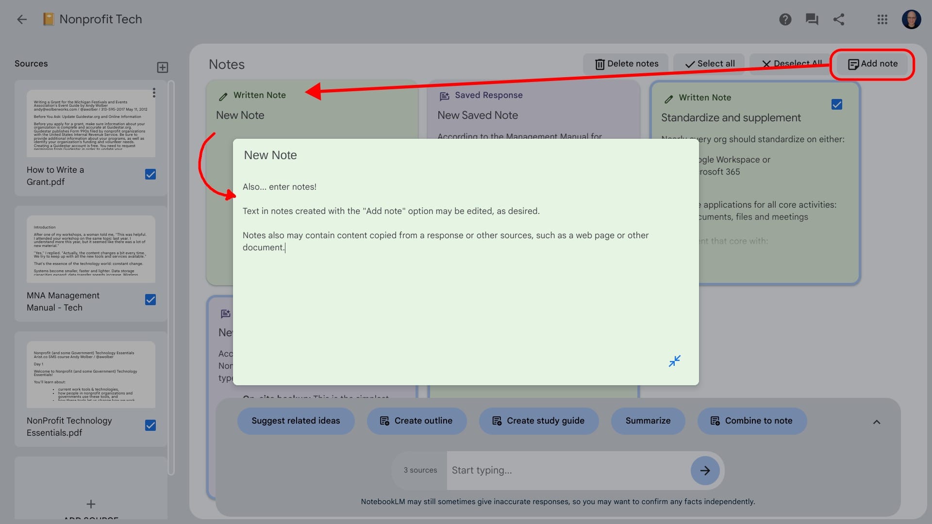 Screenshot of Add note button (upper right area) circled, with an arrow showing a blank New Note created, then with some text entered into the note on-screen.
