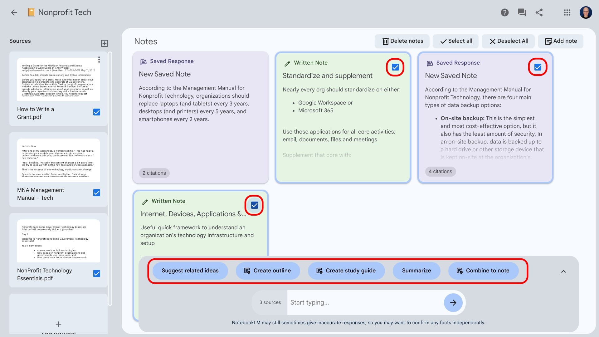 Screenshot showing two written notes and one saved response selected, with note action buttons to: Suggest related ideas, Create outline, Create study guide, Summarize, and Combine to note.