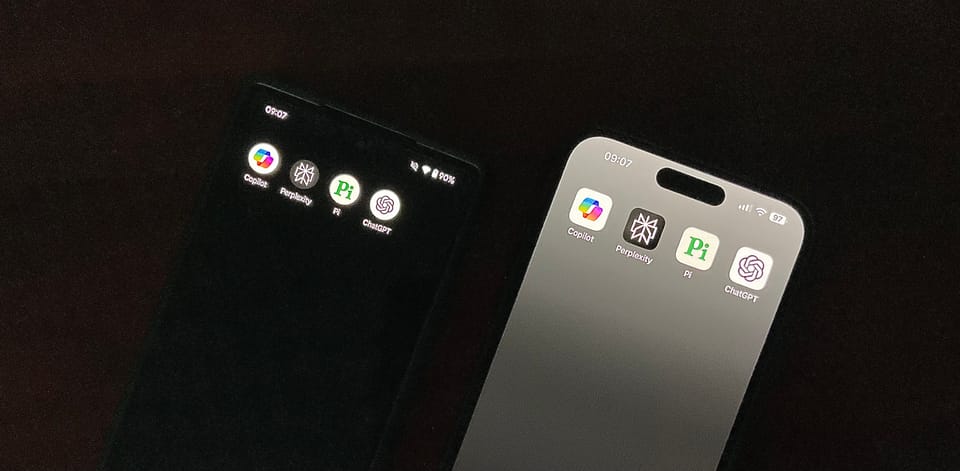 Photo of Pixel 6 (left) and iPhone 15 Pro Max (right) with the featured four apps on the screens.