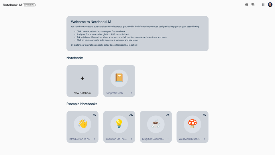 Screenshot of NotebookLM.google.com showing “Welcome to NotebookLM” message.